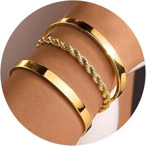 Women's Non Tarnish Dainty 14K Gold Plated Bangle Cuff Bracelets Stack Jewelry